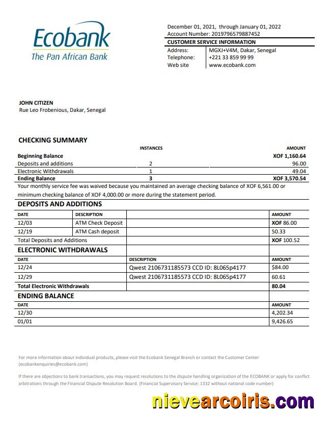 Senegal Ecobank bank statement